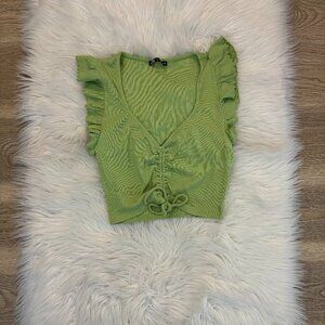Zara Green Ruffle Ribbed Cinch Crop Top *Excellent Condition*